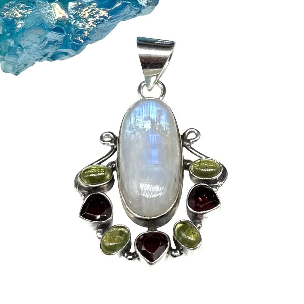 Rainbow Moonstone Peridot Garnet Necklace Pendant Solid 925 Sterling Silver